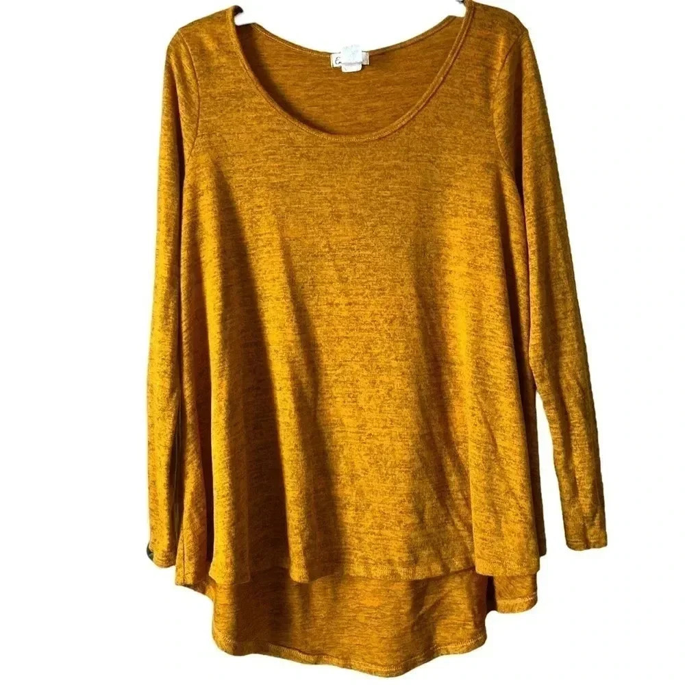 High-Low Mustard Yellow Long Sleeve Top, Round Neck, Long sleeves, Size XL - Picture 4 of 6